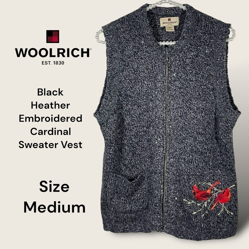 Woolrich Christmas Embroidered Cardinal Full Zip Front Sweater Vest Size Med